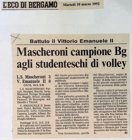 1992.03.10 Mascheroni Campione Bg Agli Studentieschi Di Volley