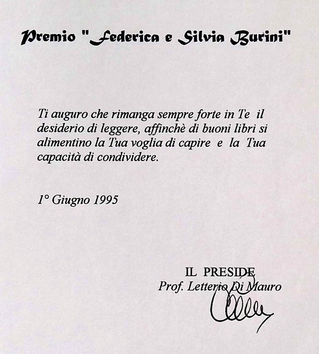 1995.06.01 Premio Burini Lettera Accompagnatoria Premio (un Libro)
