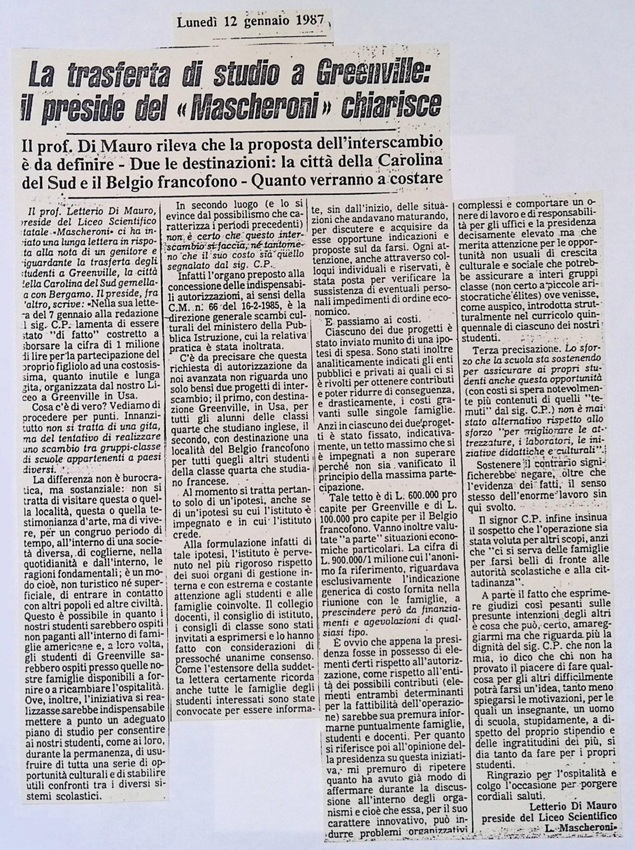 1997.06.12 La Trasferta Di Studio A Greenville Il Preside Del Mascheroni Chiarisce