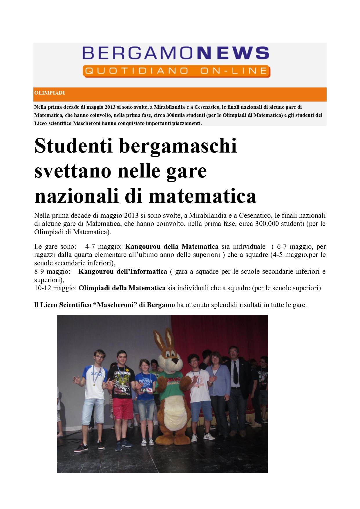 Studenti bergamaschi svettano nelle gare nazionali di matematica  - Bergamonews Maggio 2013 Page 0001